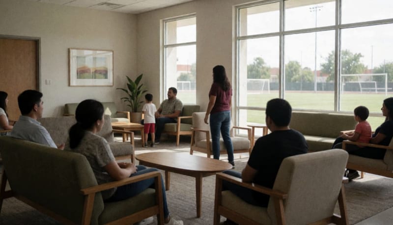 Interior del centro de convivencia con espacios acogedores diseñados para encuentros familiares supervisados