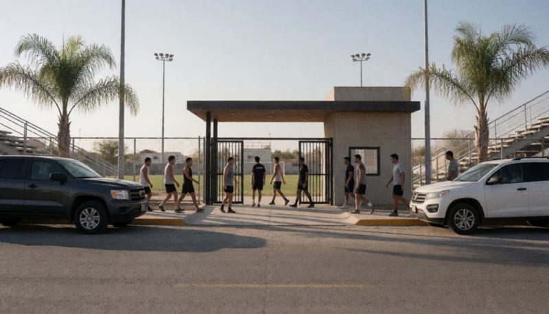 Deportistas caminando hacia las instalaciones de un polideportivo en una ciudad del norte de México