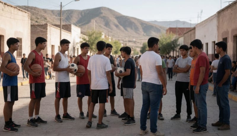 Jóvenes deportistas y miembros de la comunidad reunidos en una plaza al aire libre bajo el sol del desierto