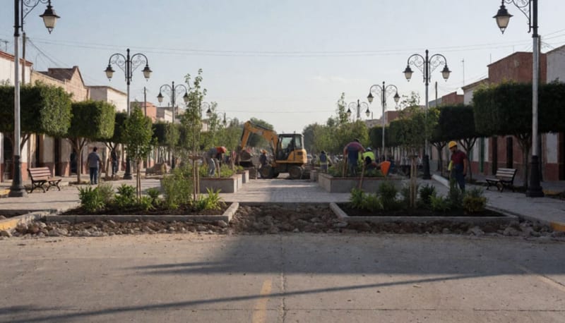 Trabajos de remodelación en progreso con plantaciones nuevas y sistemas de iluminación en una calle principal