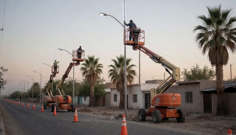 Cuadrilla de trabajadores instalando nuevas luminarias en una avenida residencial de Delicias durante labores de modernización