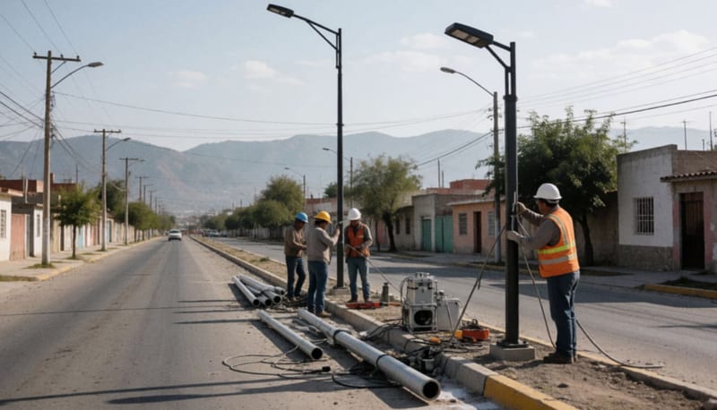 Trabajadores instalando nuevas luminarias modernas en una calle residencial de Delicias durante el día