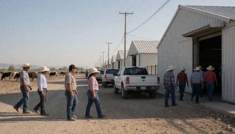 Ganaderos y productores lecheros en una zona agrícola del norte de México con instalaciones ganaderas al fondo