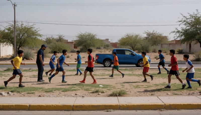Jóvenes deportistas entrenando en un campo abierto bajo el sol, con cerros áridos de fondo