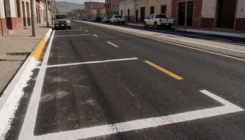 Calle recién rehabilitada con marcas de pintura blanca y amarilla en asfalto renovado, guarniciones perfiladas, bajo el sol del norte de México