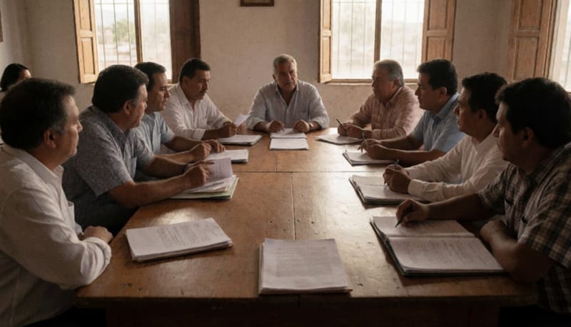 Empresarios y representantes de sectores productivos reunidos alrededor de una mesa de trabajo durante sesión de planeación