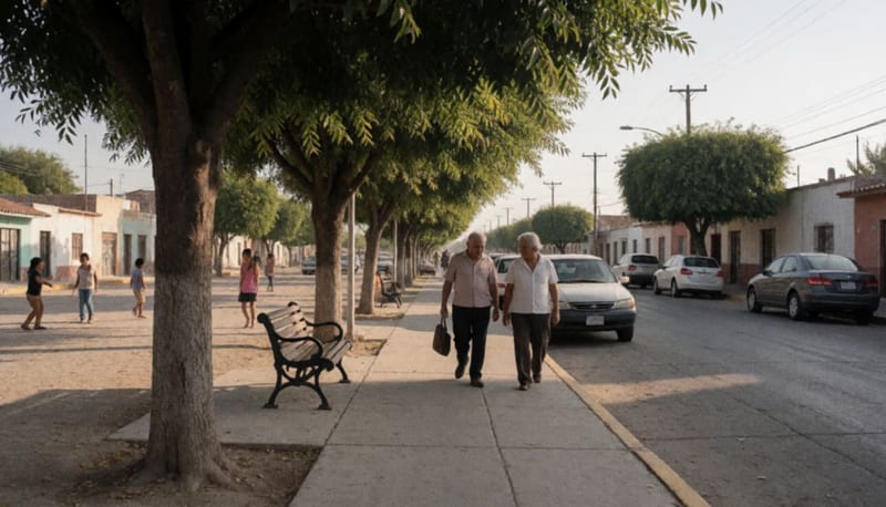 Pareja de adultos mayores camina por una banqueta arbolada mientras unos niños juegan a lo lejos en una plaza soleada