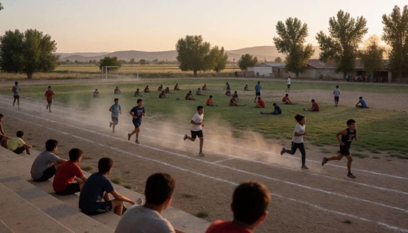Jóvenes deportistas entrenando en una cancha de tierra al atardecer, con cerros y álamos al fondo