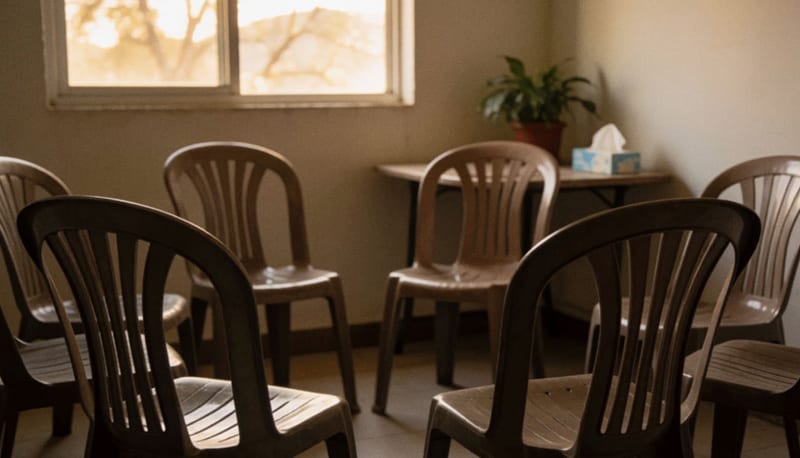 Sillas dispuestas en círculo en una sala tranquila con luz cálida de tarde, una mesa con pañuelos y una planta