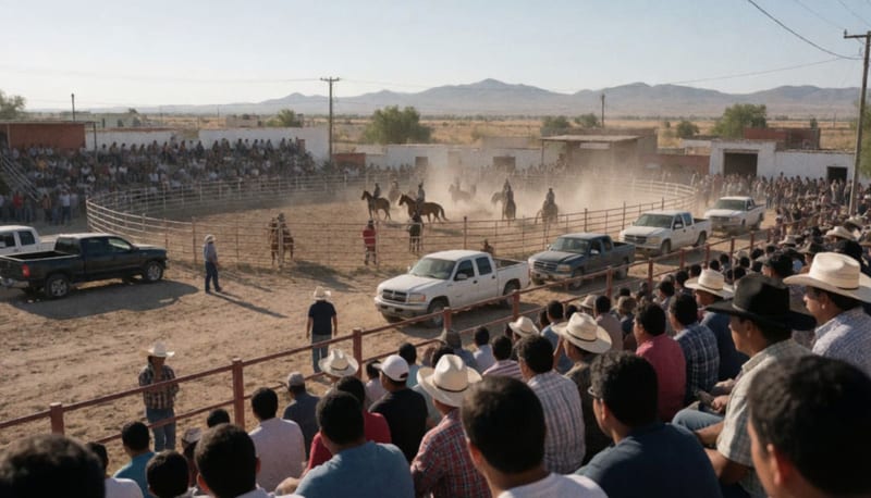 Espectadores en las gradas de un lienzo charro viendo competencias de charrería en una arena polvorienta del norte de México