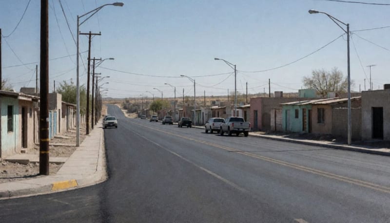 Avenida recién pavimentada en un barrio residencial, con nuevas luminarias y servicios instalados a ambos lados