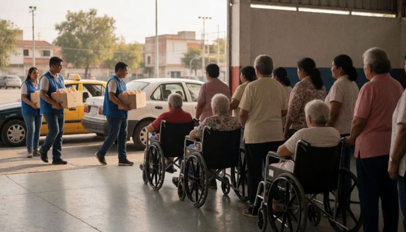Adultos mayores y personas en silla de ruedas hacen fila mientras voluntarios con chalecos azules cargan cajas hacia un taxi
