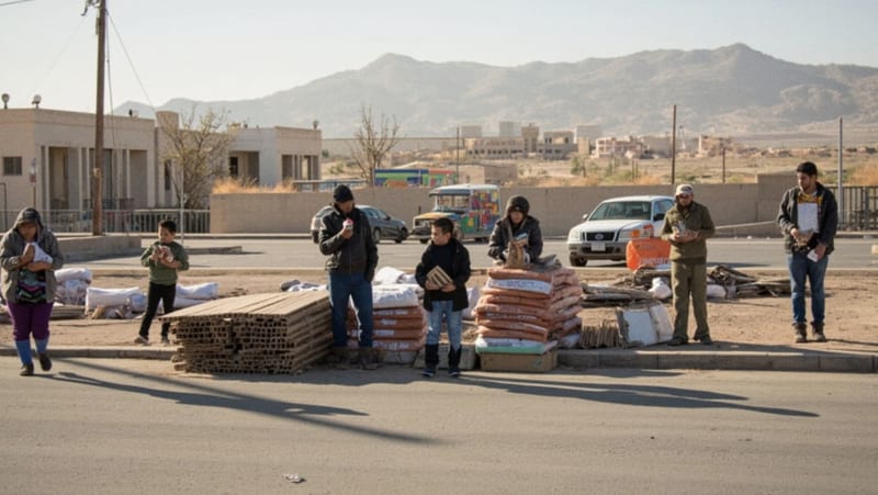 Familias sostienen y observan materiales de construcción en un estacionamiento abierto de una ciudad desértica