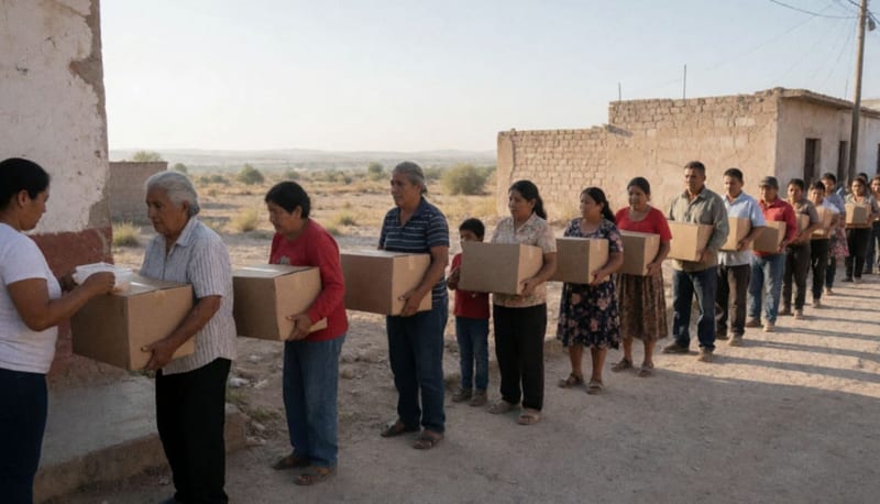 Ciudadanos reciben despensas alimentarias en una jornada de distribución en Delicias