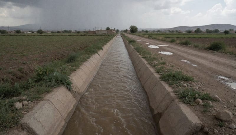 Canal de concreto con agua corriendo alto junto a un camino de tierra, bajo un cielo gris de lluvia