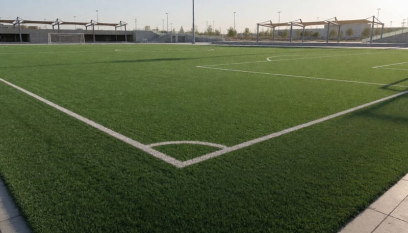 Cancha de futbol rápido con pasto sintético bajo el sol del medio día en la Macroplaza