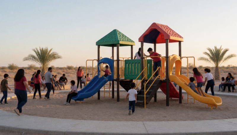Familias disfrutando de los nuevos juegos infantiles en una plaza del municipio