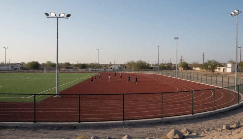 Pista de tartán rojo con jóvenes atletas entrenando bajo iluminación LED en un complejo deportivo moderno