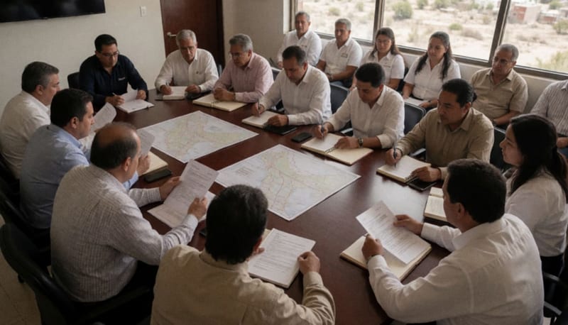 Líderes empresariales y autoridades municipales reunidos alrededor de una mesa de trabajo discutiendo estrategias de desarrollo