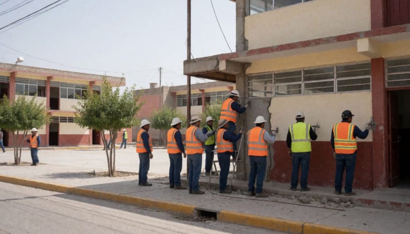 Trabajadores realizando labores de mantenimiento en una escuela de Delicias bajo el sol del norte