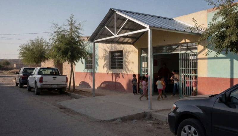 Entrada de jardín de niños con nuevo techo metálico sobre el pórtico, bajo luz solar del atardecer