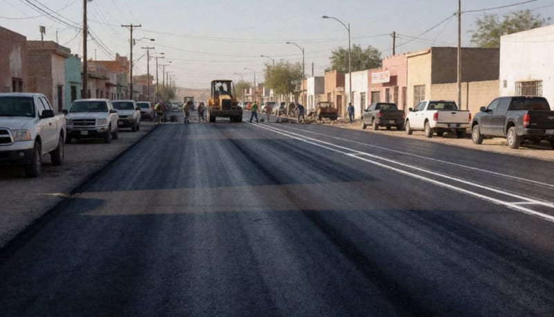 Avenida recién pavimentada con líneas blancas recién trazadas bajo el sol del desierto chihuahuense