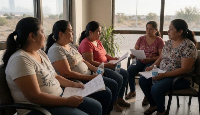 Grupo de mujeres sentadas en el área de espera de una clínica médica, compartiendo un momento de acompañamiento