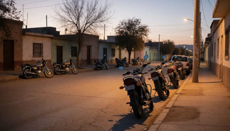 Motocicletas estacionadas junto a la banqueta de una calle tranquila al atardecer, con casas bajas al fondo