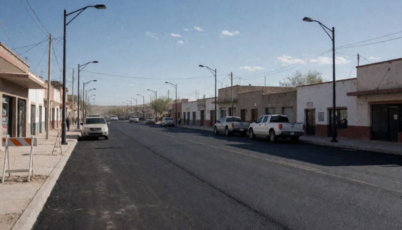 Avenida pavimentada recientemente con luminarias nuevas y tiendas a los costados en zona residencial