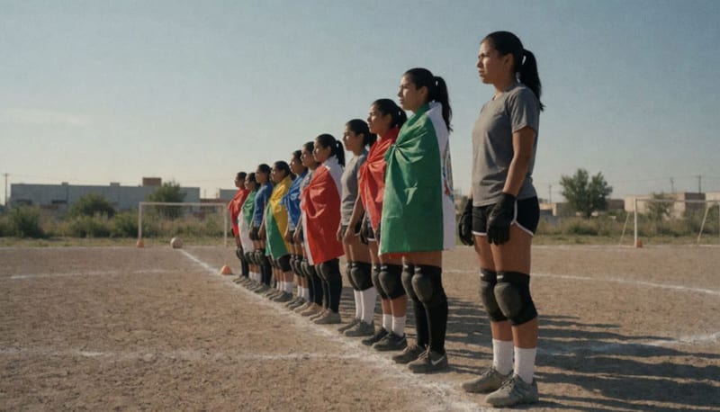Jugadoras de tochito alineadas en un campo deportivo bajo el sol del desierto de Delicias