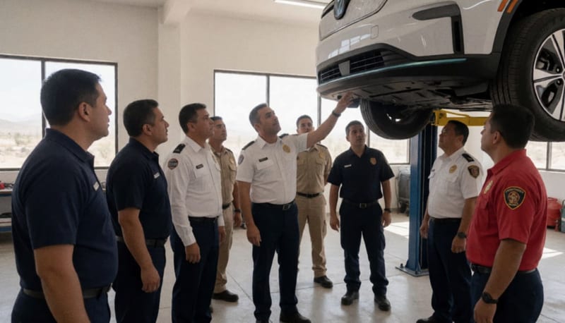 Primeros respondientes observando el compartimiento de baterías de un vehículo eléctrico durante una sesión de capacitación en Delicias