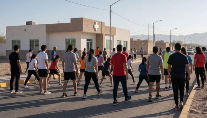 Participantes de diversas edades preparándose para iniciar una carrera en una calle abierta al amanecer