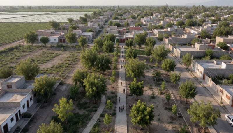 Vista aérea de un parque en desarrollo al borde de una ciudad rodeada de campos de cultivo al atardecer