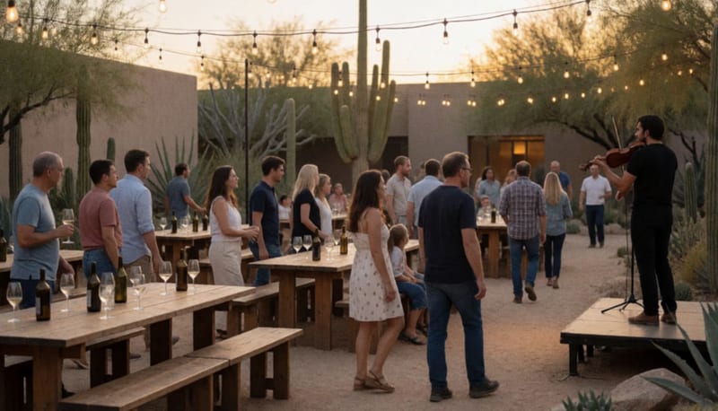 Asistentes caminan entre mesas de madera con copas de vino bajo luces cálidas en un patio con plantas del desierto al atardecer