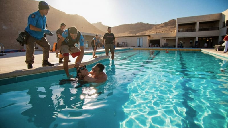 Instructores practicando técnicas de rescate acuático en una alberca municipal durante capacitación de seguridad