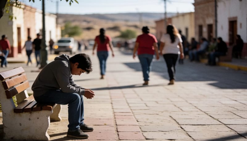 Joven sentado solo en una banqueta de plaza pública, con la cabeza inclinada, bajo luz del atardecer
