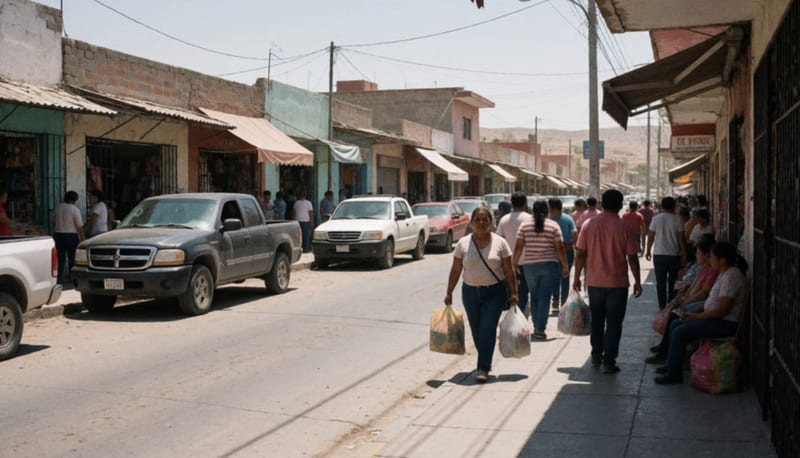 Calle comercial en una ciudad del norte de México con tiendas locales y gente transitando