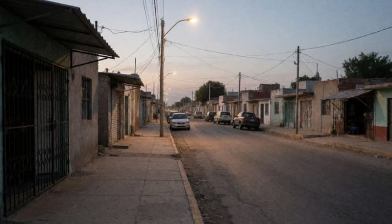 Calle residencial de Delicias con casas y comercios al atardecer, con puertas de seguridad en las fachadas