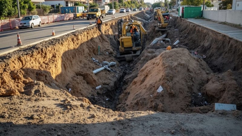 Maquinaria pesada y trabajadores excavando en una calle para reemplazar tuberías de agua y drenaje