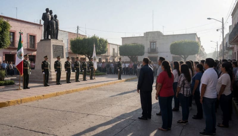 Militares en formación durante ceremonia cívica en plaza pública del desierto chihuahuense