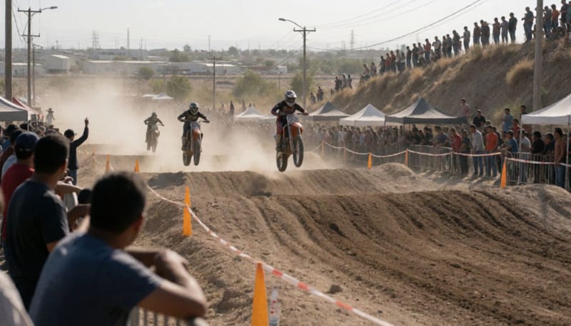 Motociclistas compitiendo en una pista de tierra del desierto con polvo elevado y espectadores observando desde las gradas