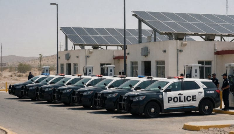 Patrullas eléctricas estacionadas frente a instalación municipal con paneles solares en el techo