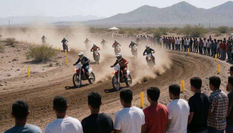 Motociclistas compitiendo en la pista de tierra con polvo levantado, espectadores observando desde las gradas del circuito