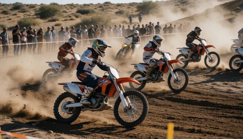Competidores en motocicletas acelerando sobre la pista de tierra con polvo levantado al fondo