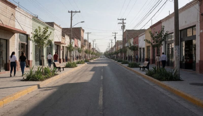 Calle remozada del centro de Delicias con banquetas amplias, áreas verdes y mejora en infraestructura urbana