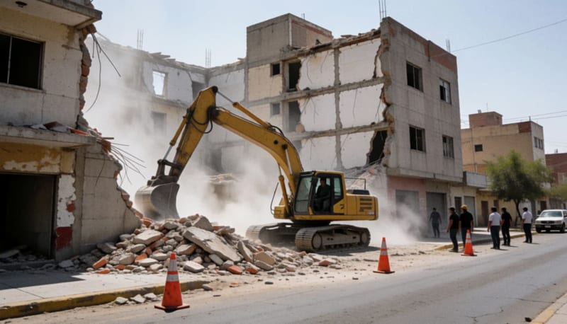 Excavadora derribando los muros de un edificio entre nubes de polvo y escombros mientras algunas personas observan desde la banqueta