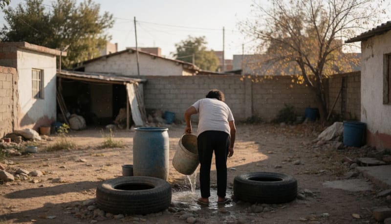 Persona de espaldas vacía un balde con agua estancada junto a llantas viejas en un patio de una ciudad del norte