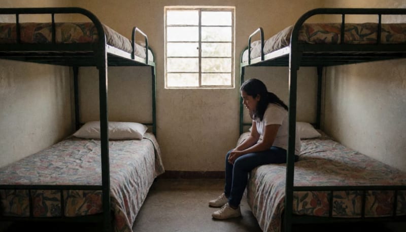 Estudiante dentro de una habitación del internado de una escuela rural en el norte de México, con expresión de preocupación