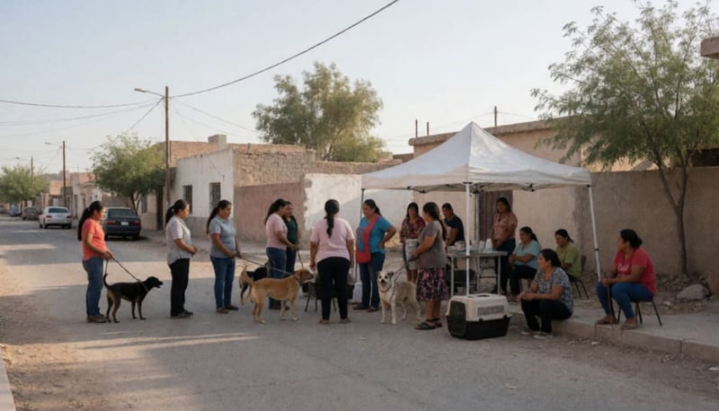 Vecinos y mascotas reunidos en una jornada de esterilización en una colonia del norte de México