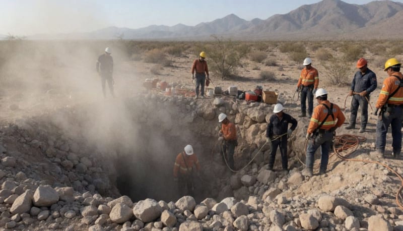 Operadores de rescate trabajando con equipo en un derrumbe de mina entre rocas y escombros en terreno desértico